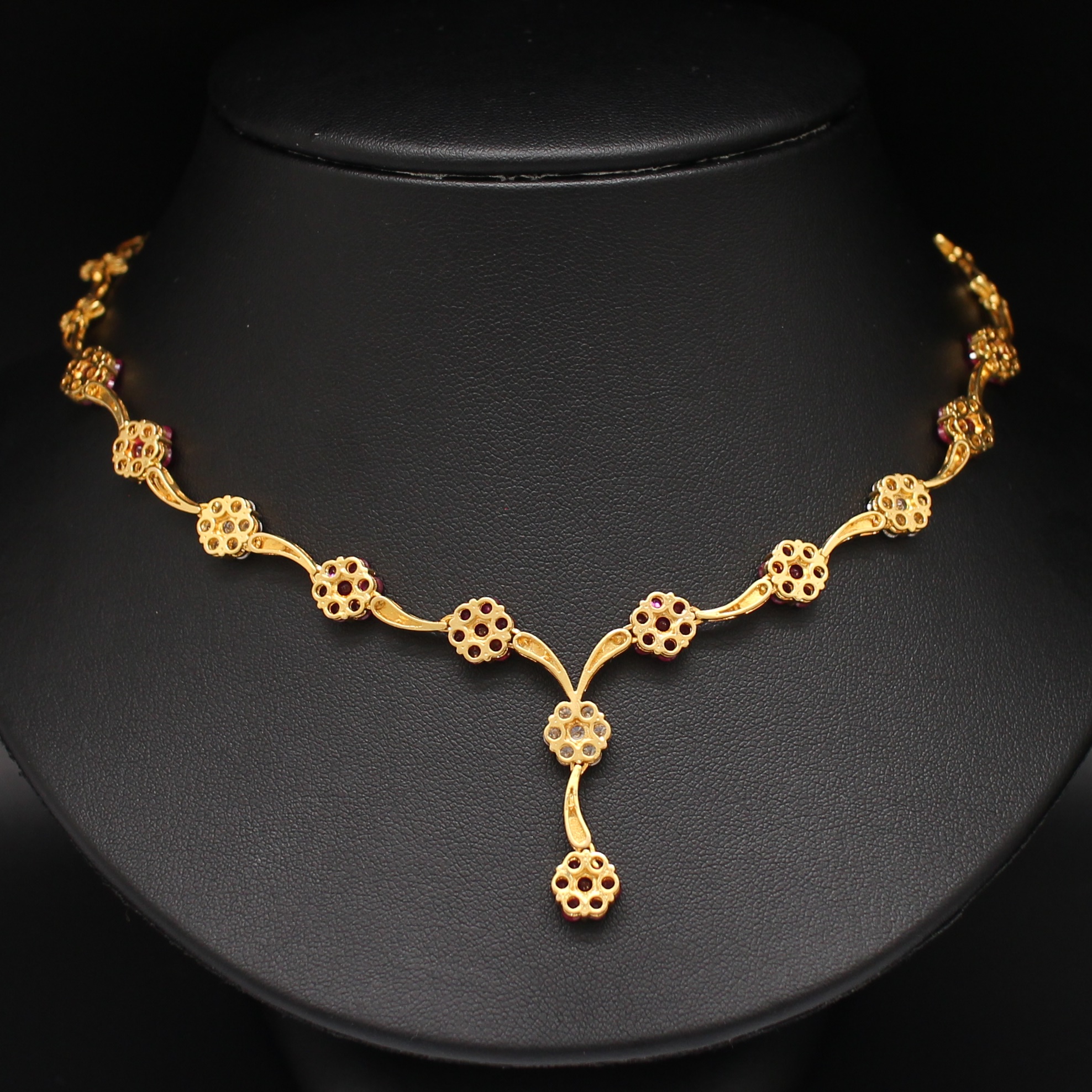 NL25099 สร้อยคอทับทิมดอกไม้ ประดับเพชรแท้ 21 เม็ด 1.68 กะรัต ทองแท้ 18k นน.รวม 29 กรัม ยาว 16 นิ้ว ทับทิมสวยมาก