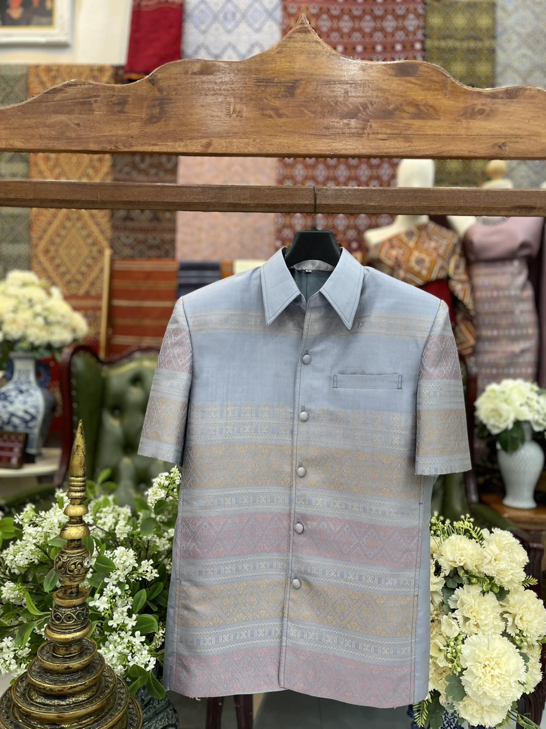 เสื้อสูทไหมแพรวา แขนสั้น สีฟ้าเทา ไซส์L รหัส DR-BM-05236821