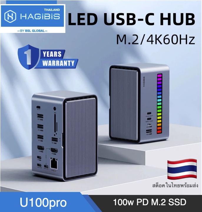 Hagibis USB C Docking Station Dual Monitor, LED Strip Light Type-C with HDMI, M.2 SSD Enclosure, 100W Power Delivery, USB 3.1, Ethernet, SD/TF U100 Pro