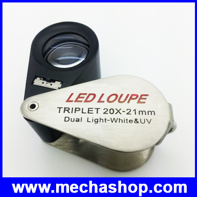 กล้องส่องพระ กล้องส่องจิวเวอร์รี่ กล้องส่องนาฬิกา พร้อมไฟ LED+UV ขนาดขยาย 20X LED Loupe Triplet 21mm รุ่น 20X-UV