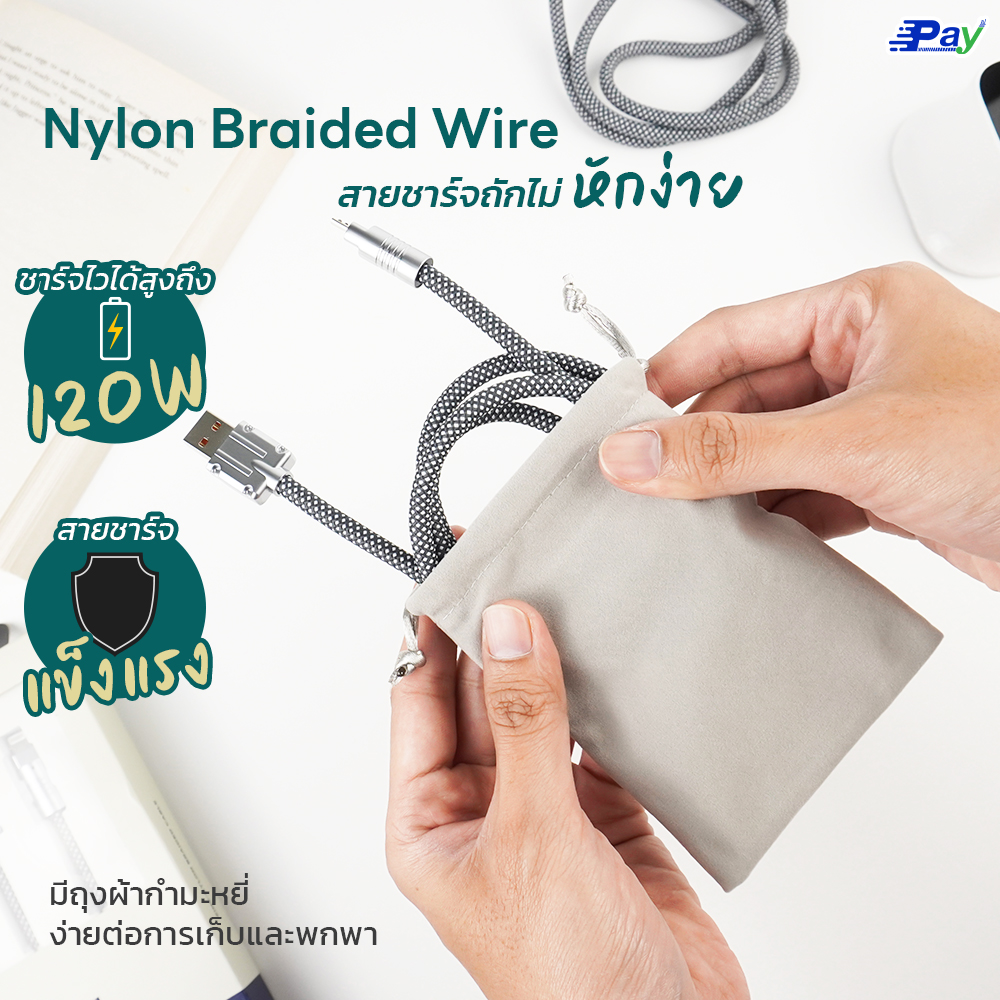 สายชาร์จ สายชาร์จไว 6A Fast Charge 120W แบบเชือกถัก 100cm Zellcase