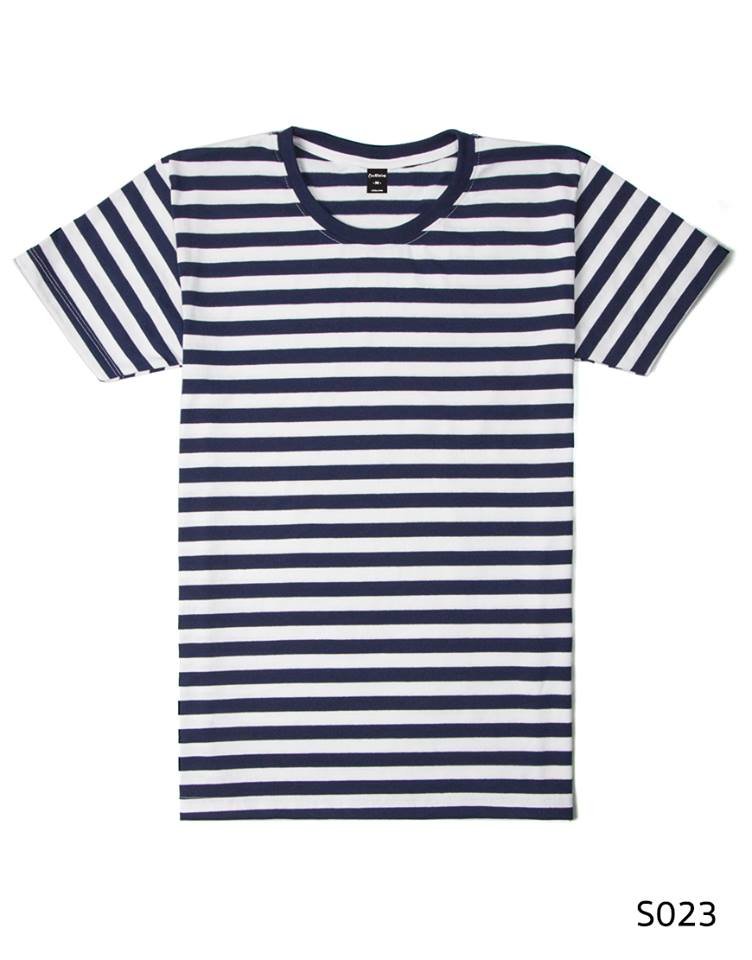 เสื้อยืดคอกลมลายทางครึ่งนิ้ว S023 (สีขาวกรม)