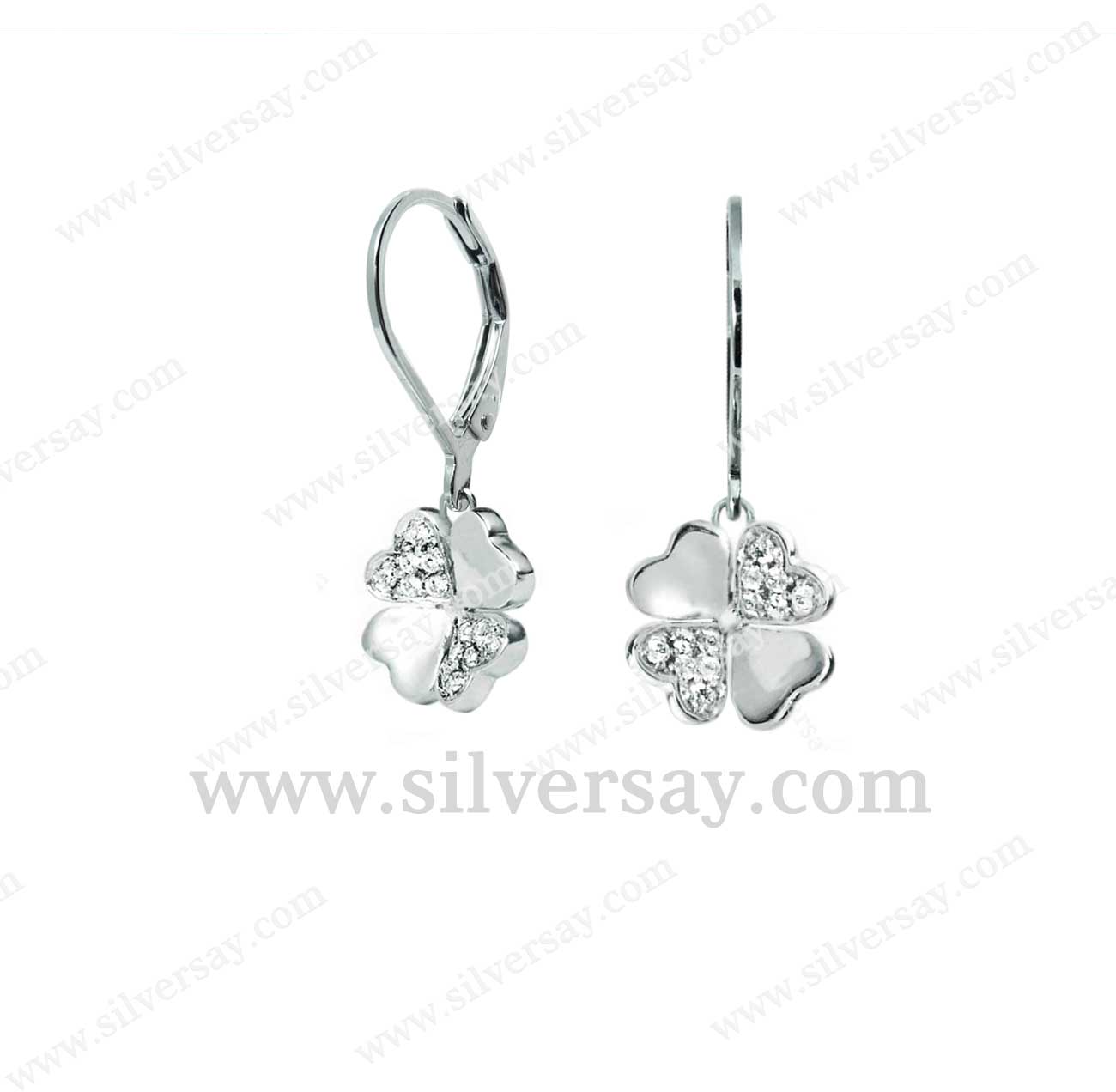 ต่างหูใบโคลเวอร์ Clover 4 ฝังเพชรสวิส/สลับเกลี้ยง/10 มม./แบบห่วงสปริงล็อค