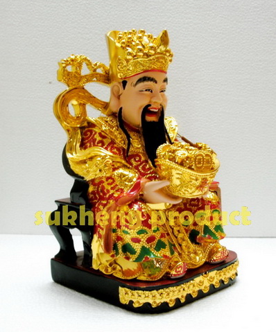 เทพเจ้าไฉ่ซื่งเอี้ยเรซิ่นสี ปางนั่งถือเงินทอง ขนาด 10 นิ้ว