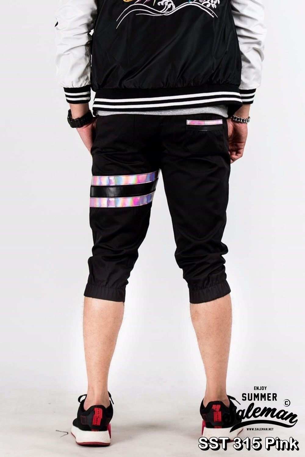 กางเกงสามส่วน พรีเมี่ยม ผ้า COTTON รหัส SST 315 Pink สีดำ แถบชมพู SUMMER SALE
