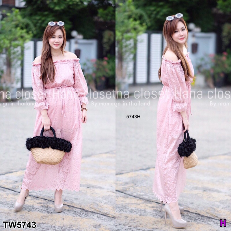 แม็กซี่เดรส #สาวอวบ ลูกไม้ปาดไหล่ เอวผูกโบว์ TW5743