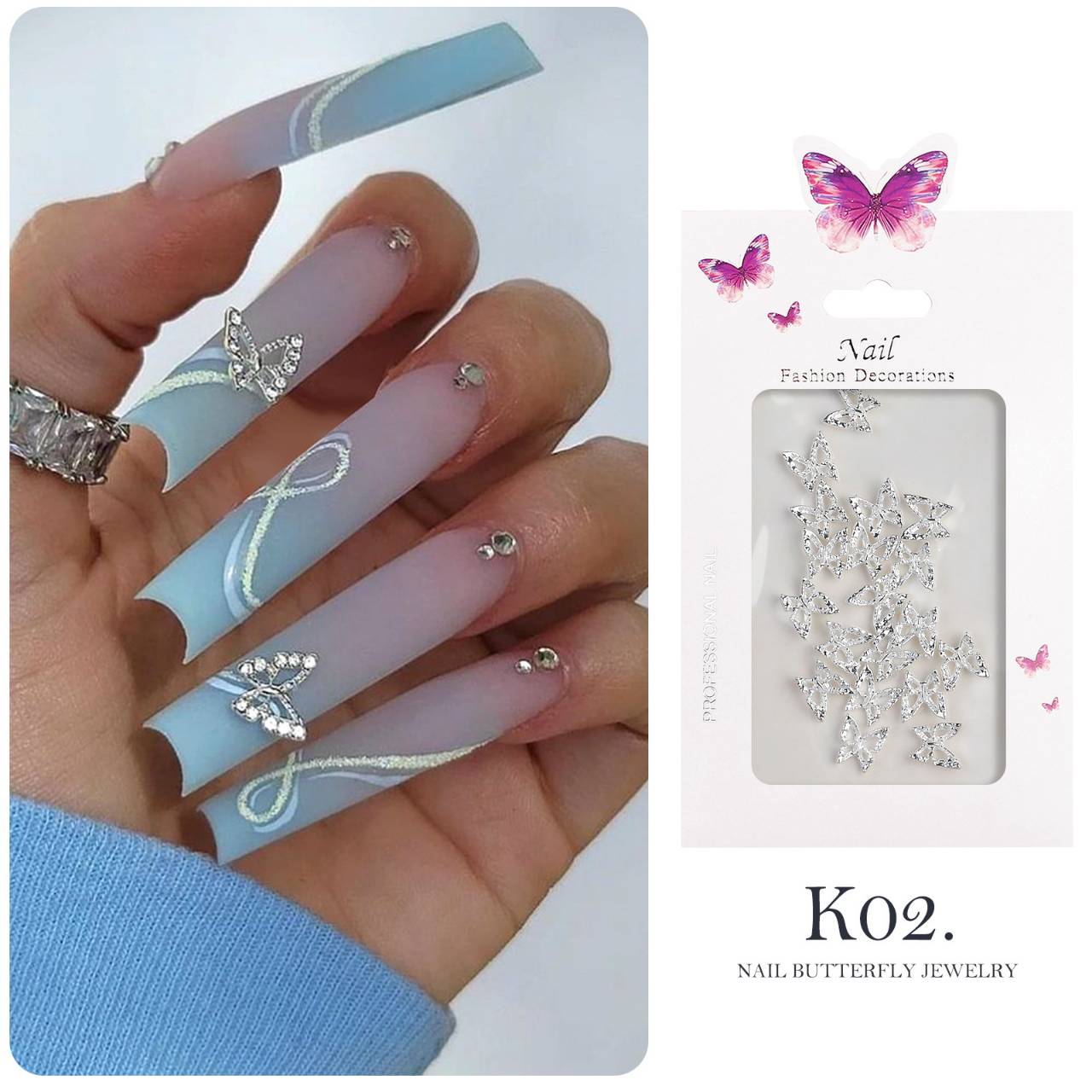 อะไหล่ติดเล็บผีเสื้อ เครื่องประดับเล็บ ผีเสื้อเพชร เงิน-ทอง 3D Nail Art