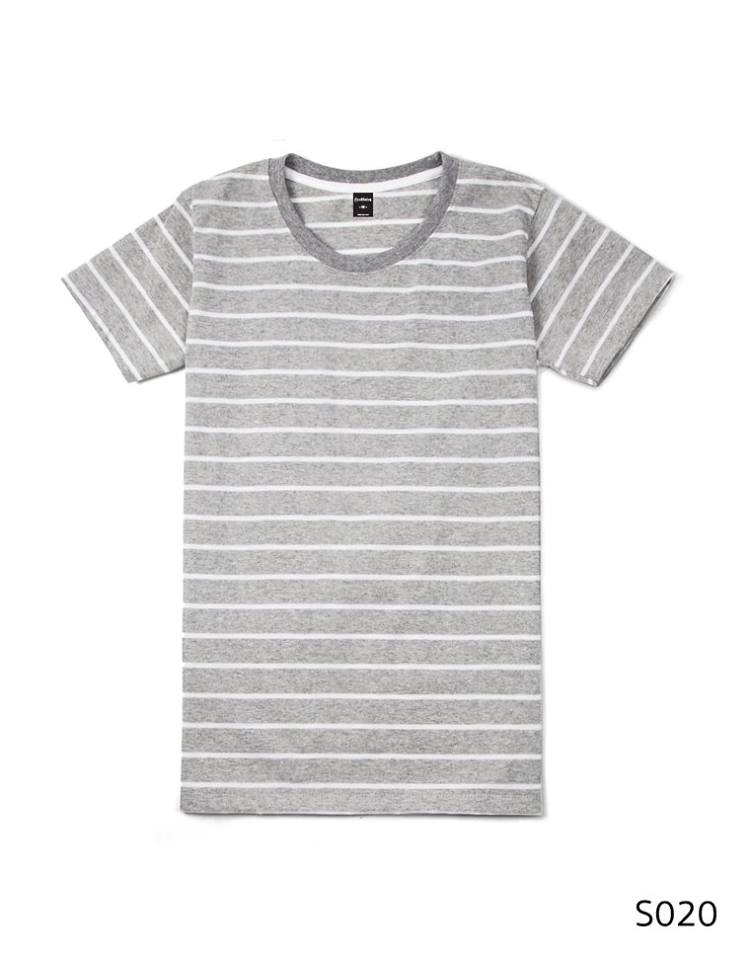 เสื้อยืดคอกลมลายทาง S020 (สีพื้นเทาริ้วขาว)