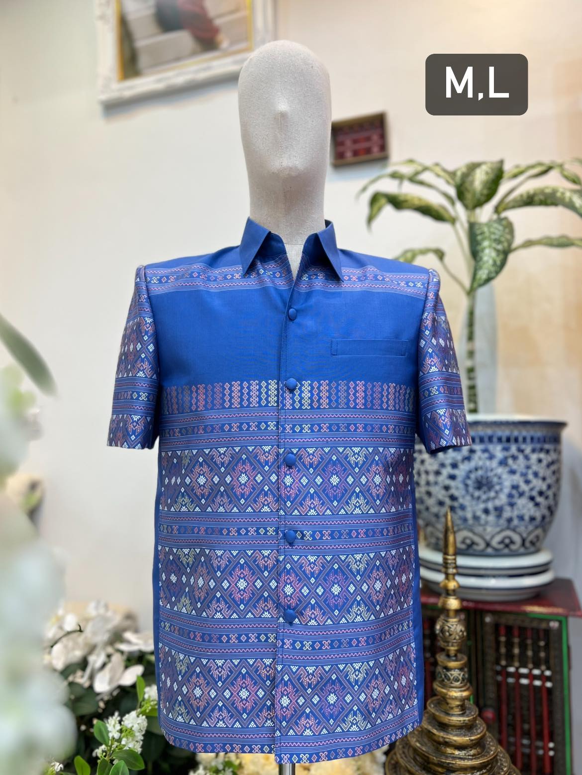 เสื้อสูทไหมแพรวา ลายเกาะ แขนสั้น พื้นสีน้ำเงิน เลือกไซส์ รหัส DR-BM-11026613261
