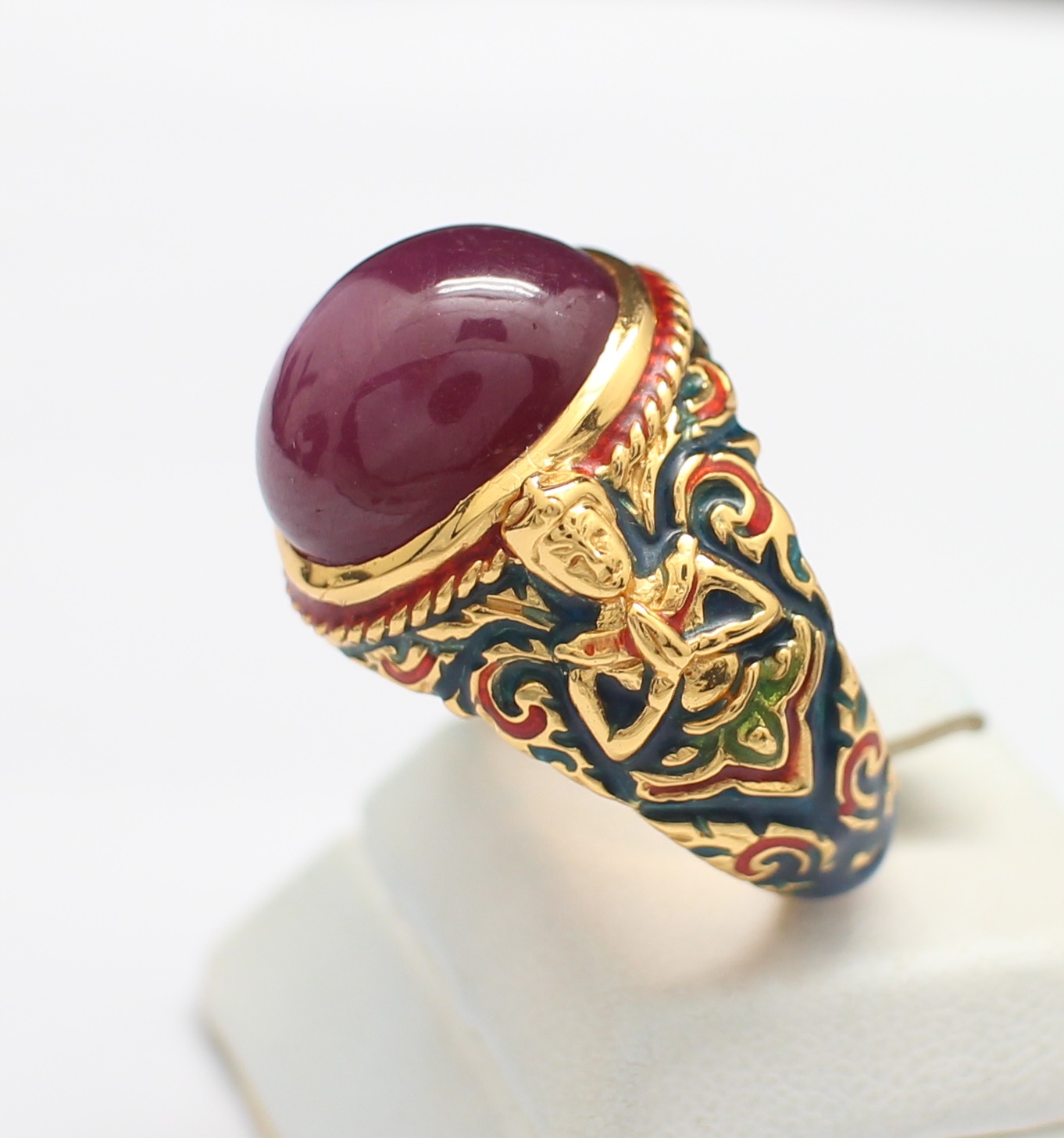 SI193 แหวนทับทิมหลังเบี้ยตัวเรือนลงยาลายเทพพนม เงินแท้ 92.5% นน. 18 กรัม Size 65