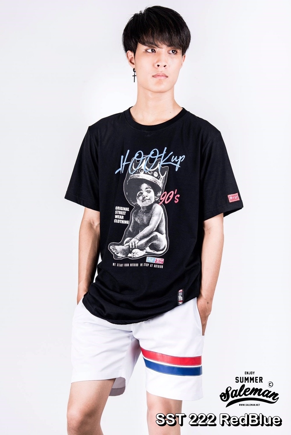 กางเกงขาสั้น พรีเมี่ยม ผ้า COTTON รหัส SST 222 RedBlue สีขาว แถบแดงน้ำเงิน