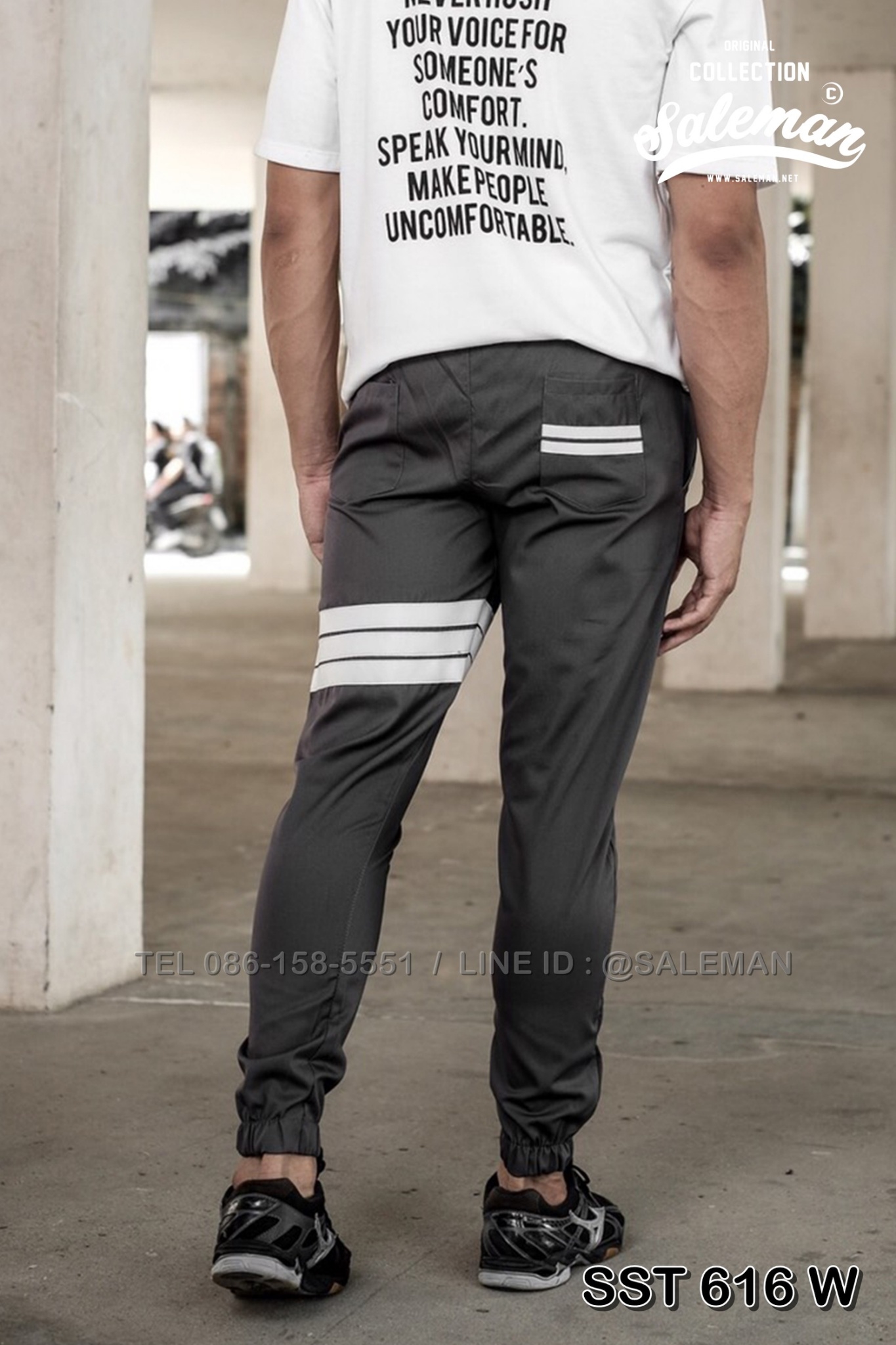 กางเกง JOGGER พรีเมี่ยม ผ้า COTTON รหัส SST 616 W สีเทา แถบขาว SUMMER SALE