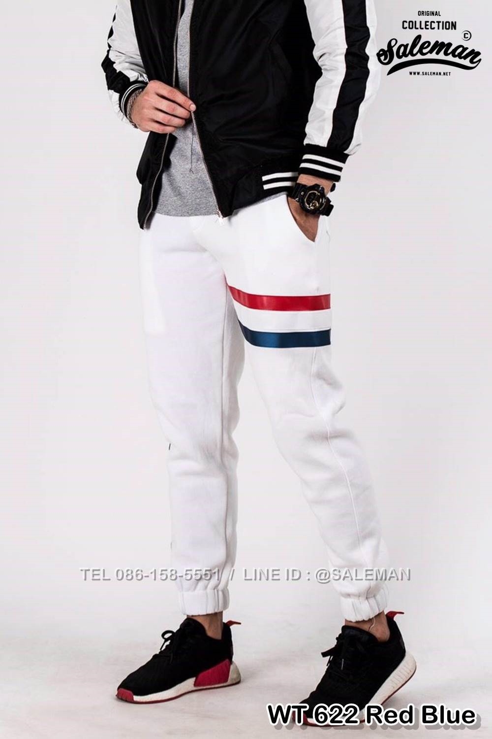 กางเกง JOGGER พรีเมี่ยม ผ้าวอร์ม รหัส WT 622 Red Blue สีขาว แถบแดง ฟ้า