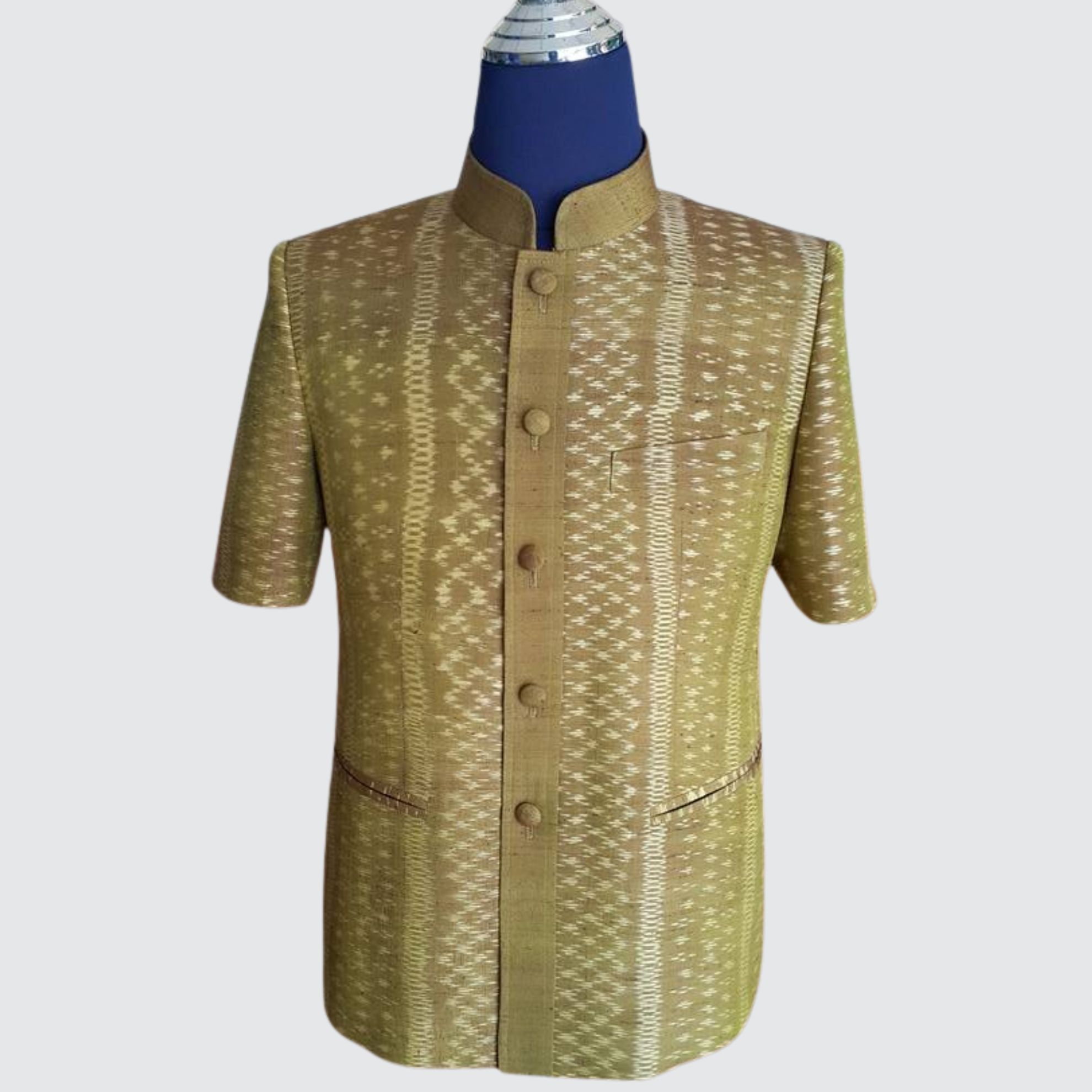 เสื้อสูทพระราชทาน แขนสั้น ไหมมัดหมี่ 2ตะกอ | ตัดเย็บตามรูปร่าง | เลือกสีผ้า ส่งไซส์ได้