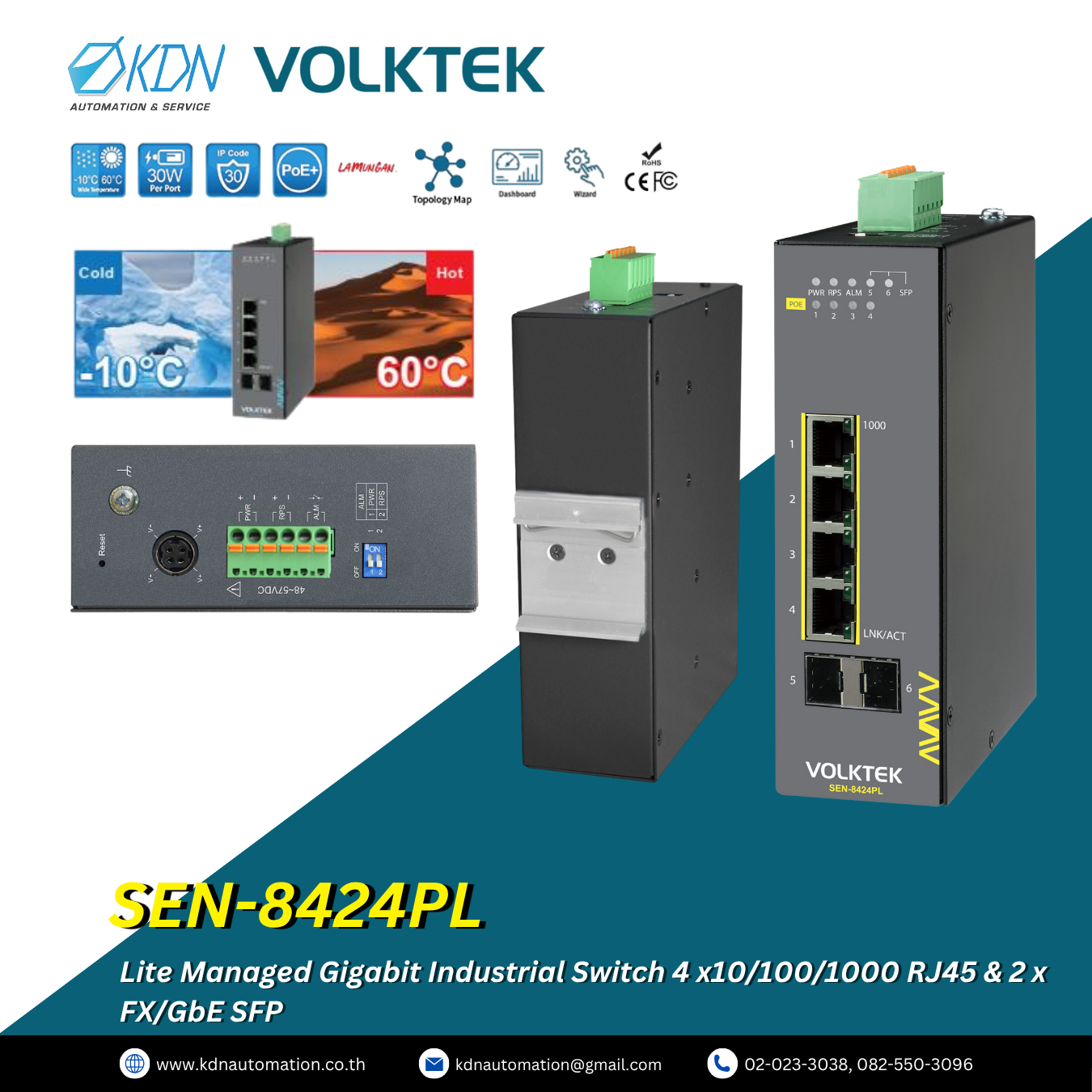 SEN-8424PL Volktek Lite Managed PoE+ Gigabit Industrial Switch 4 x10/100/1000 RJ45 & 2 x FX/GbE SFP