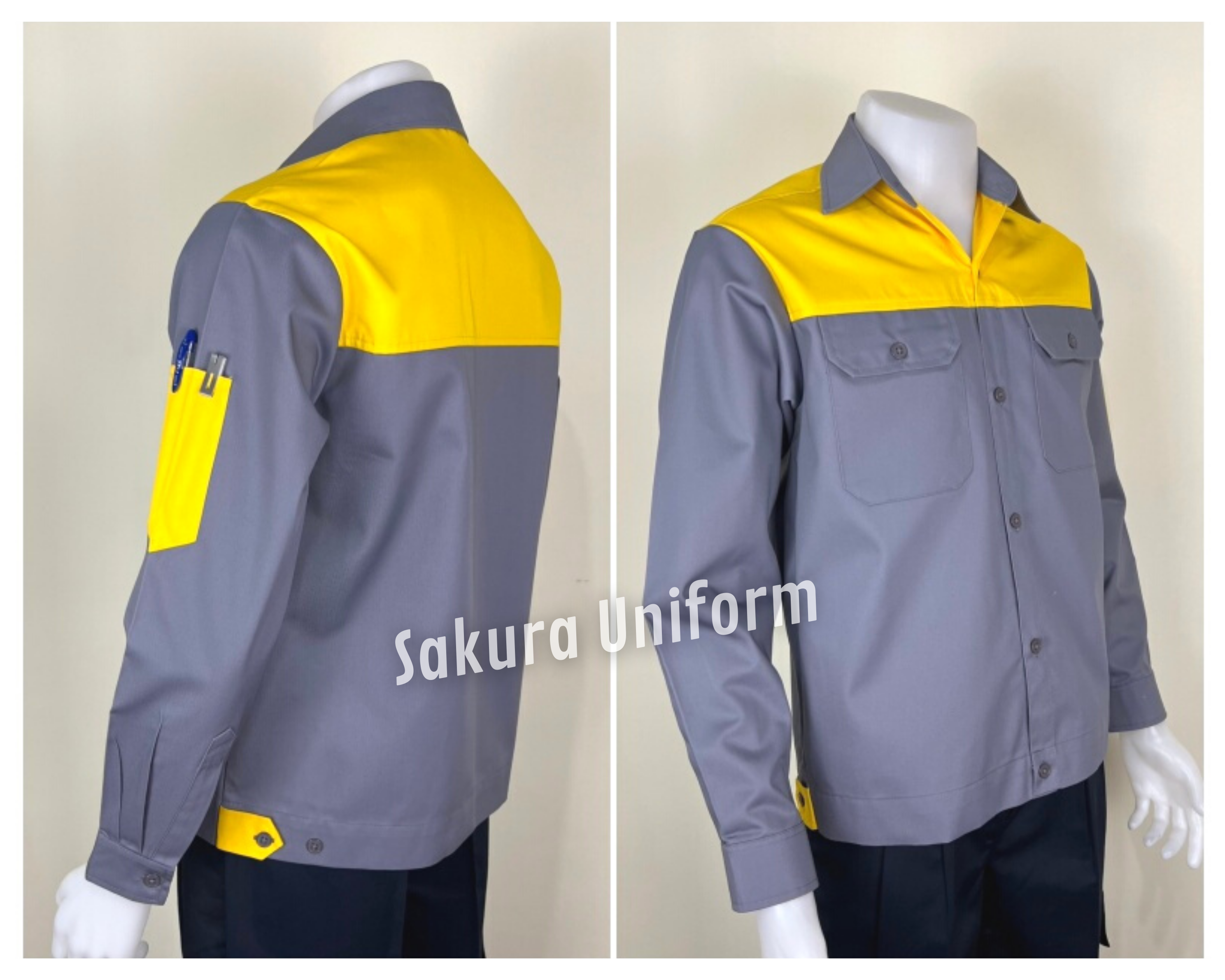รหัส AB14.3 : เสื้อช่างแขนยาวผ้าคอมทวิวสีเทาอกเหลือง