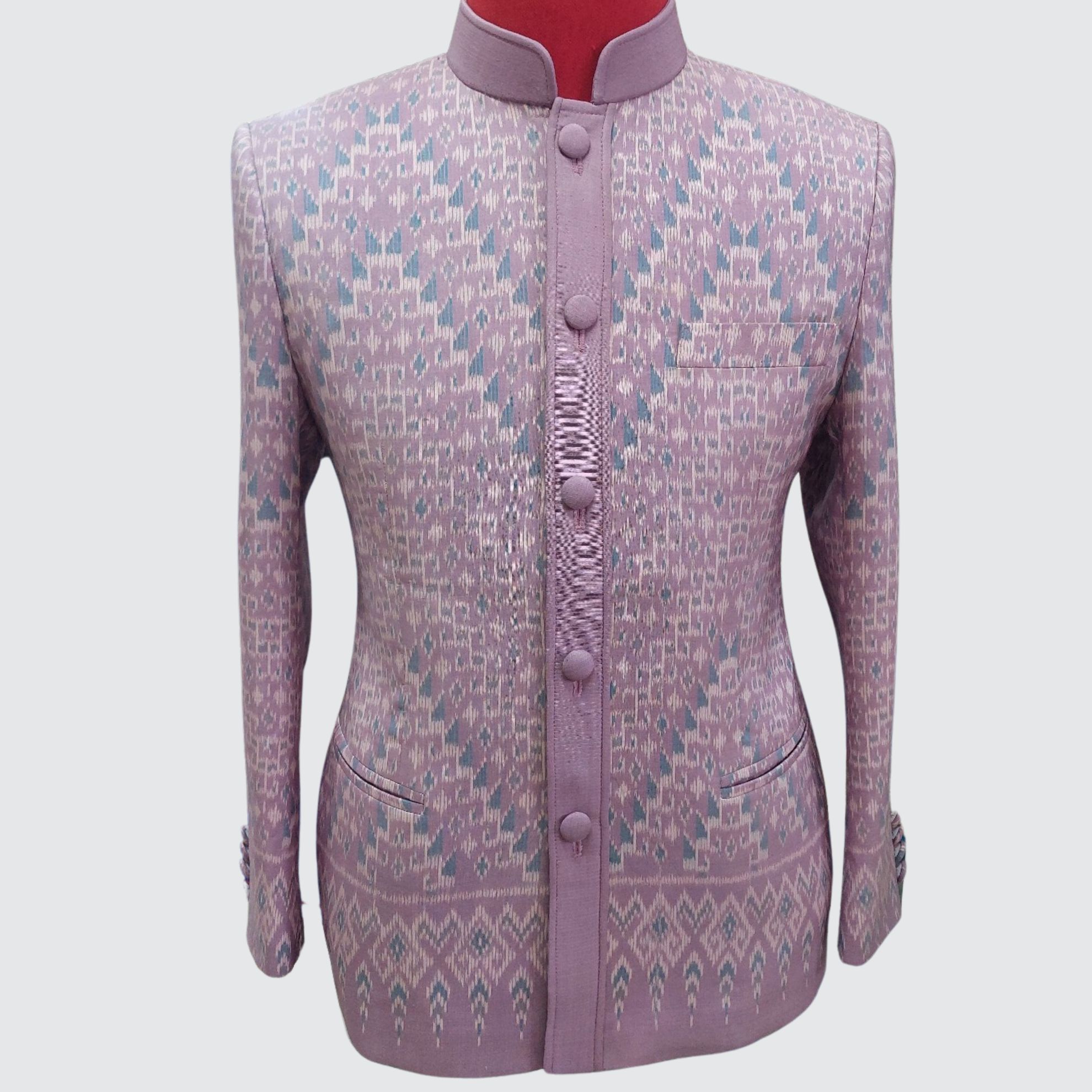 เสื้อสูทพระราชทาน แขนยาว ไหมมัดหมี่ 2ตะกอ | ตัดเย็บตามรูปร่าง | เลือกสีผ้า ส่งไซส์ได้