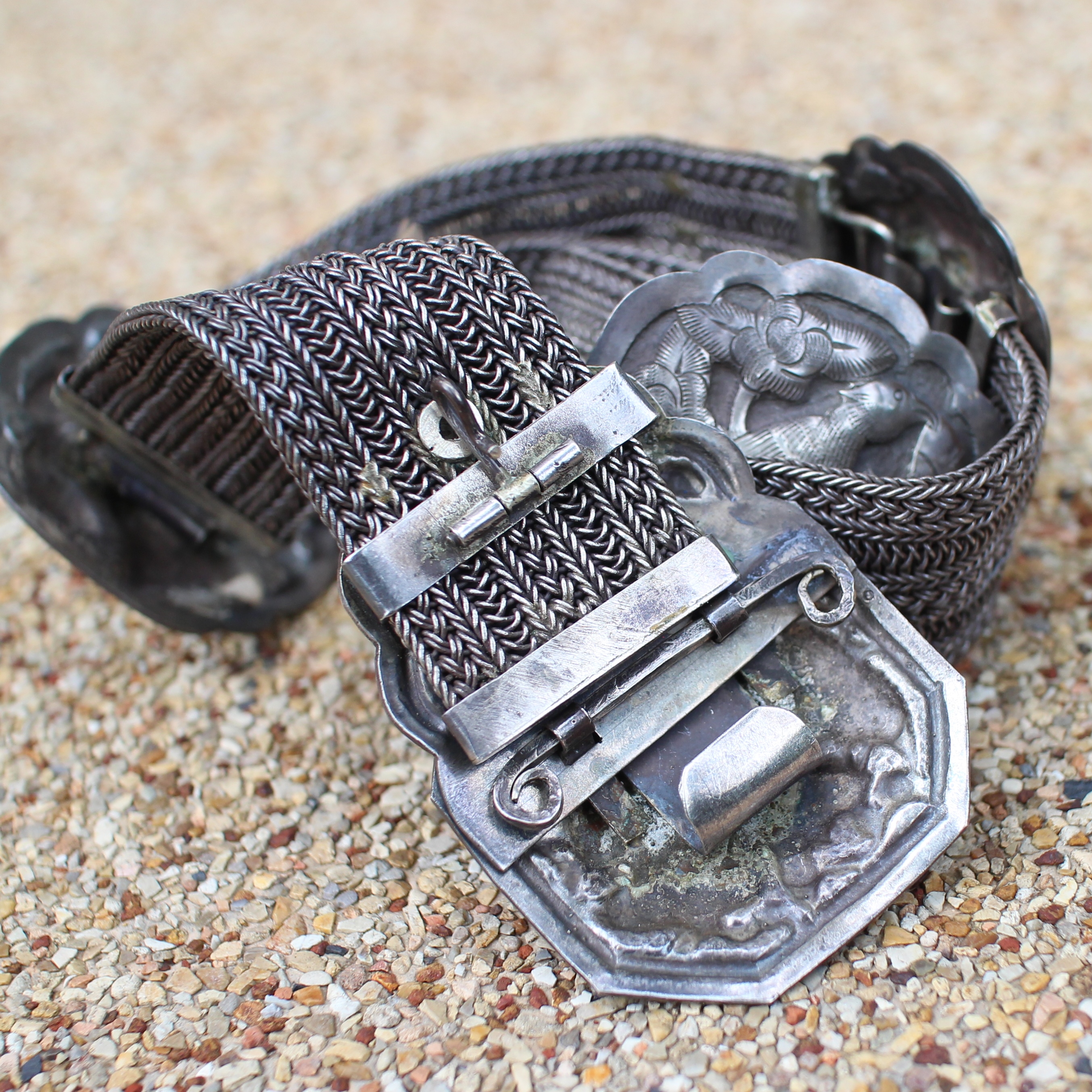 SI352 เข็มขัดเงิน หัวดุลลายนก เงินแท้ 92.5% นน. 491.5 กรัม ยาว 29 นิ้ว สายกว้าง 1.5 นิ้ว