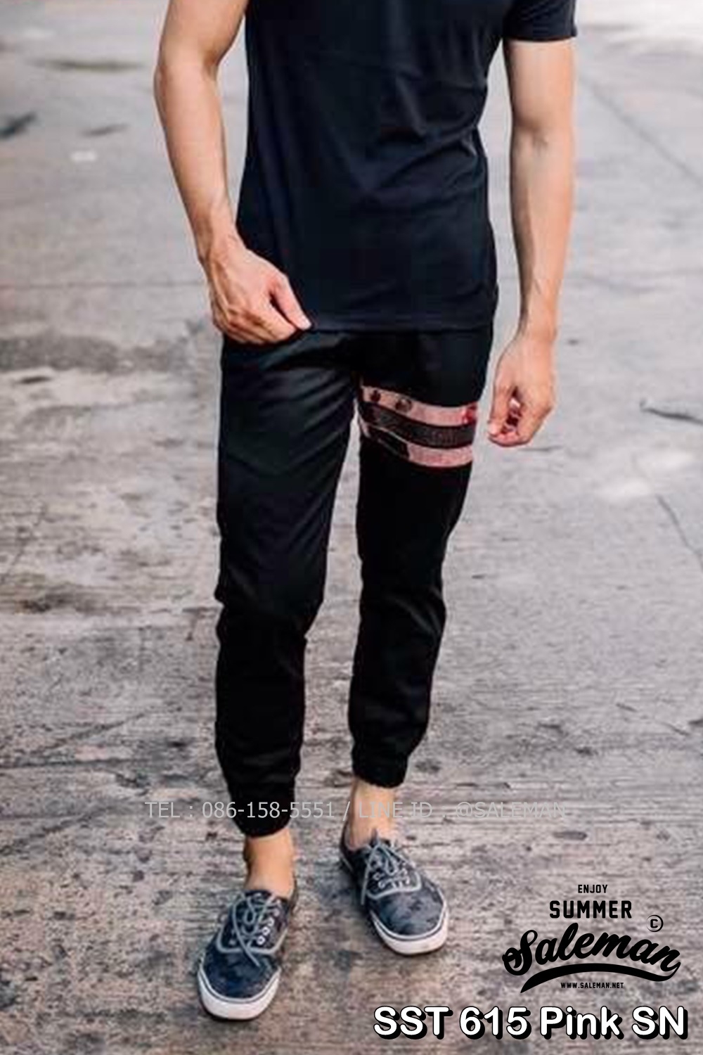 กางเกง JOGGER พรีเมี่ยม ผ้า COTTON รหัส SST 615 Pink SN สีดำ แถบชมพูงู