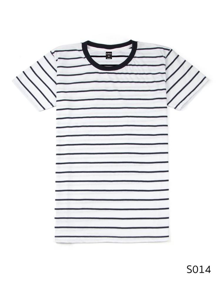 เสื้อยืดคอกลมลายทาง S014 (สีพื้นขาวริ้วดำ)