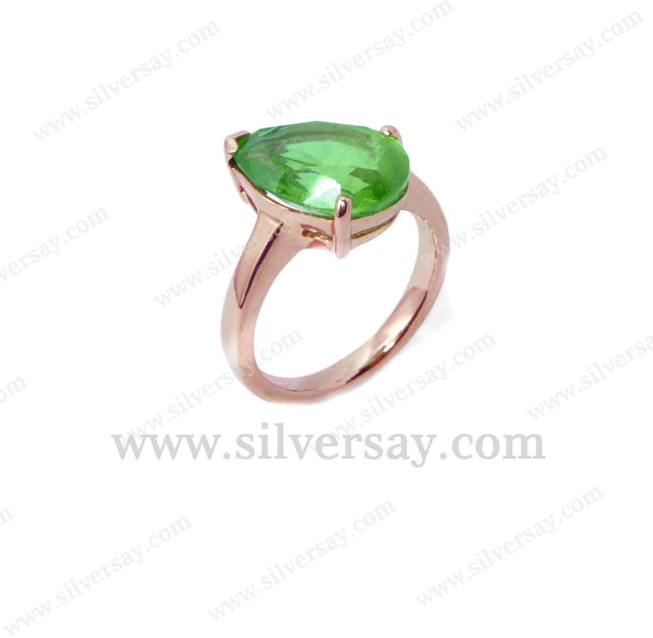 แหวนพลอยรูปหยดน้ำ สีเขียวเพอริดอท (Peridot) เงินแท้ 925 ชุบทองชมพู