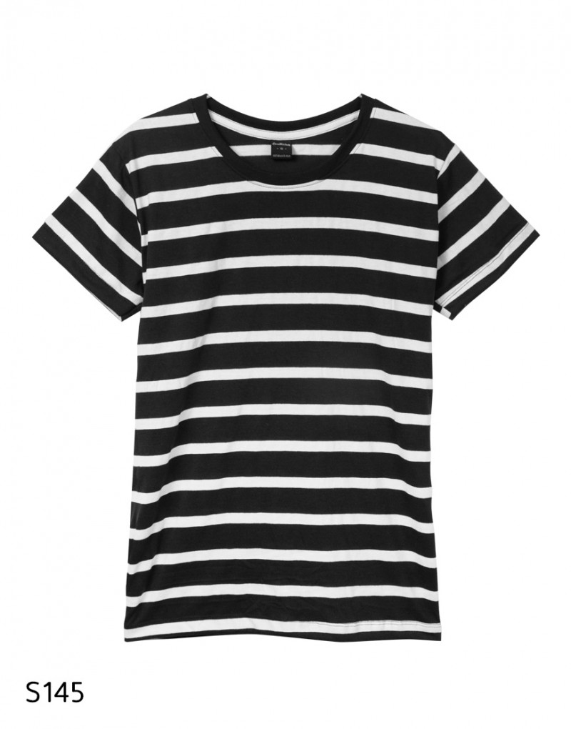 เสื้อยืดคอกลมลายทาง S145 (สีพื้นดำเเถบขาว)