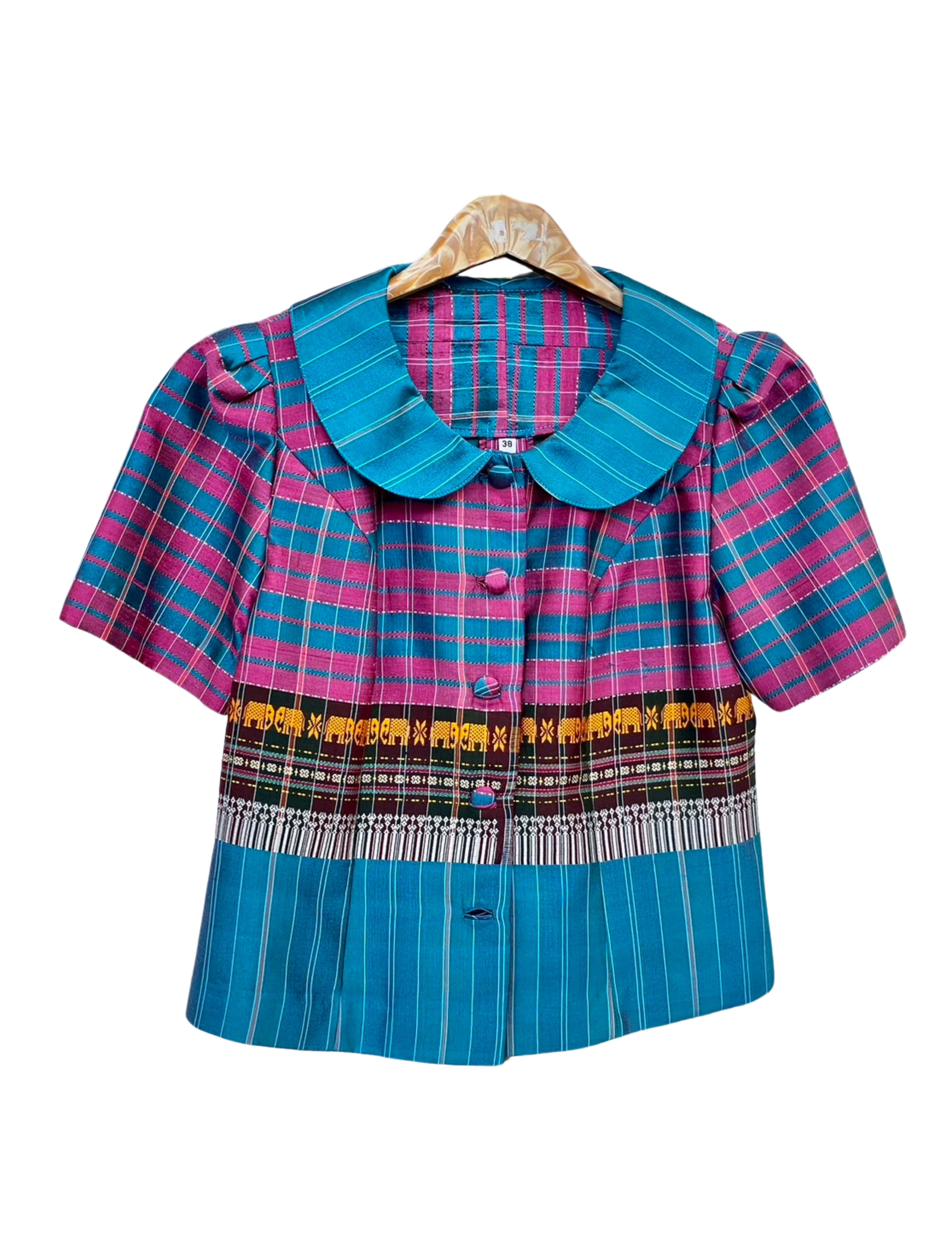 เสื้อสตรี แขนสั้น ลายผ้าขาวม้า ไหมแท้ 100% | เลือกไซส์ | เลือกสีได้ รหัส WD-PTS-0828681