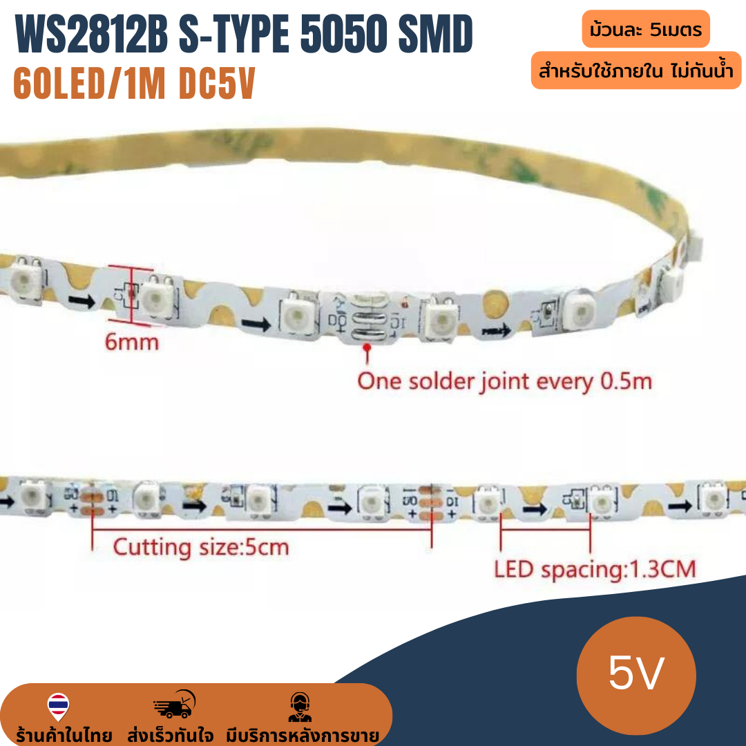 ไฟเส้น แถบริบบิ้นไฟ ไฟกระพริบ 5V WS2812B S-type 5050 SMD 60LED/1 เมตร LED Pixel Strip Light Ribbon RGB ยาว 5 เมตร