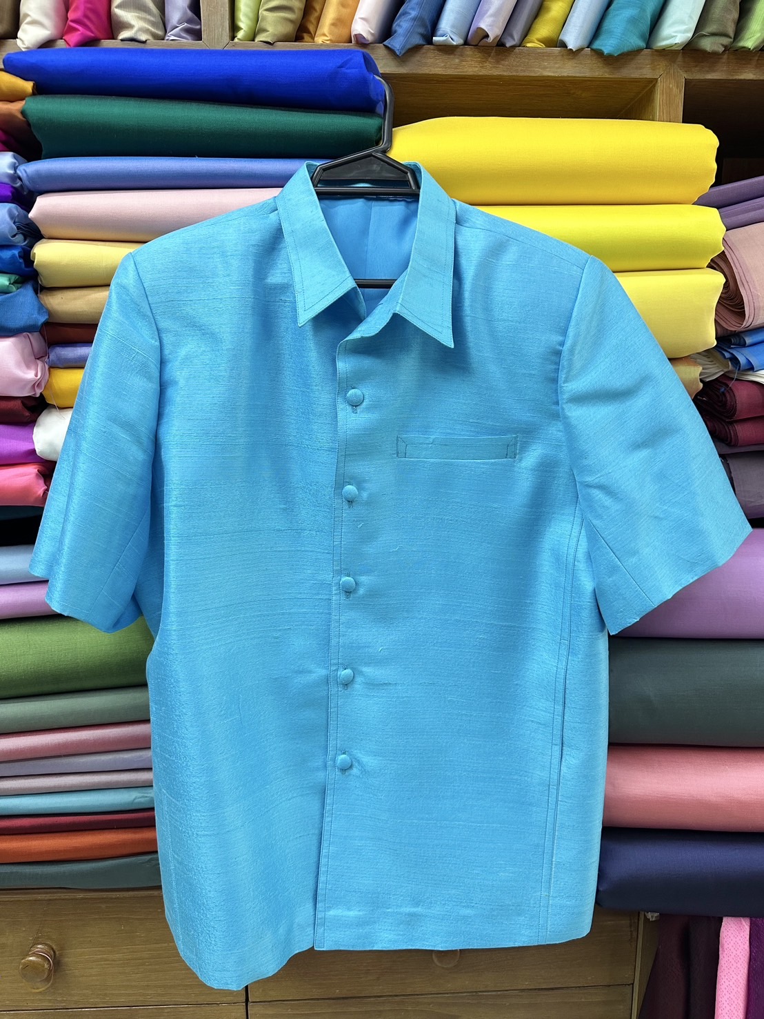 เสื้อซาฟารี คอปก เนื้อไหมบ้าน ไซส์XL สีฟ้า รหัส DS-ST-1204673