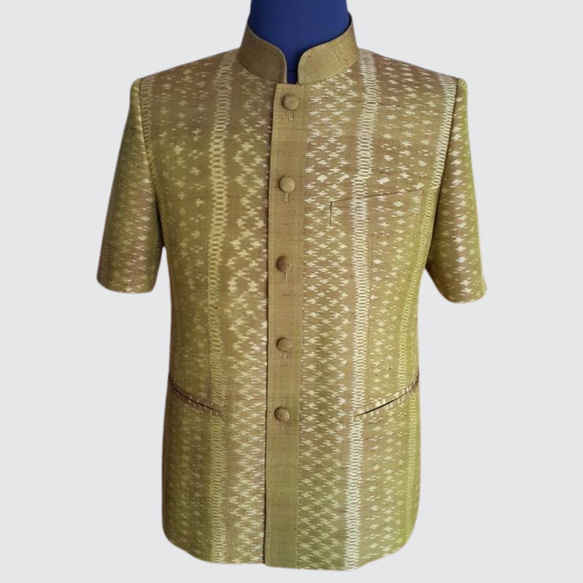 เสื้อสูทพระราชทาน แขนสั้น ไหมมัดหมี่ 2ตะกอ | ตัดเย็บตามรูปร่าง | เลือกสีผ้า ส่งไซส์ได้