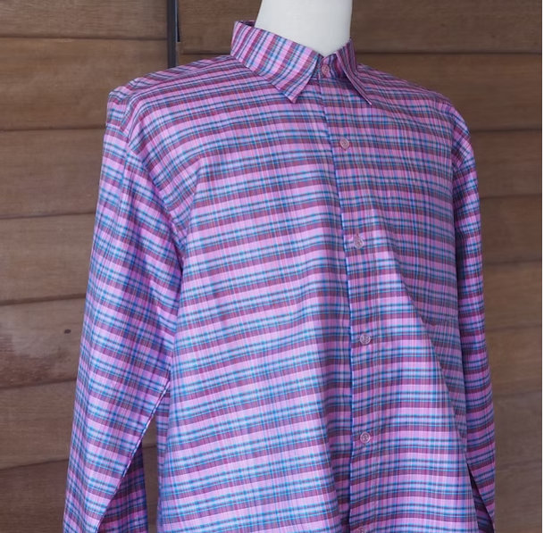 เสื้อเชิ้ตแขนยาว ผ้าไหมลายสก๊อต สีชมพูสลับม่วง รหัส DN-CT-SKU100845