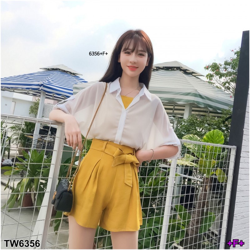 Set 3 ชิ้น เสื้อชีฟอง+สายเดี่ยว+กางเกง TW6356-เหลือง