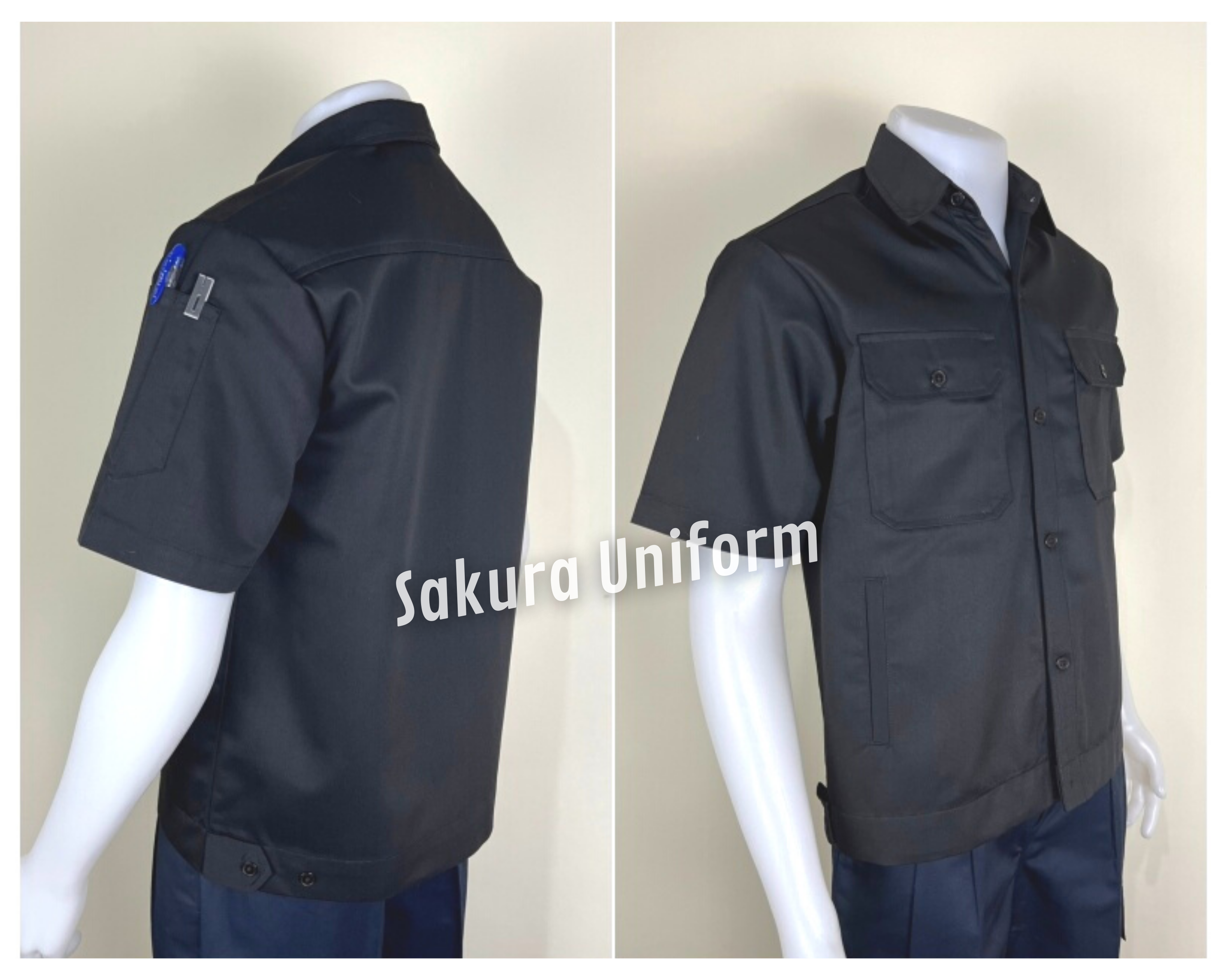 รหัส A4.3 : เสื้อช่างแขนสั้นผ้าคอมทวิวสี่กระเป๋าสีดำล้วน