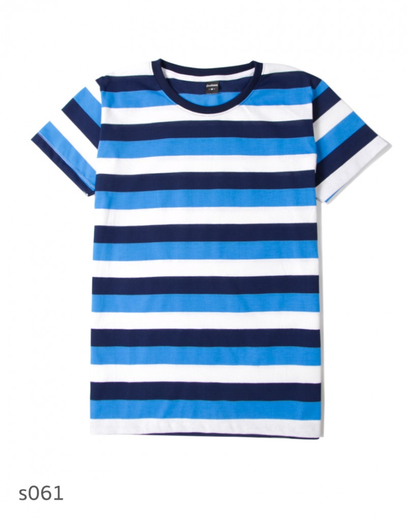 เสื้อยืดคอกลมลายทาง S061 (สีฟ้าขาว มินิมอล)