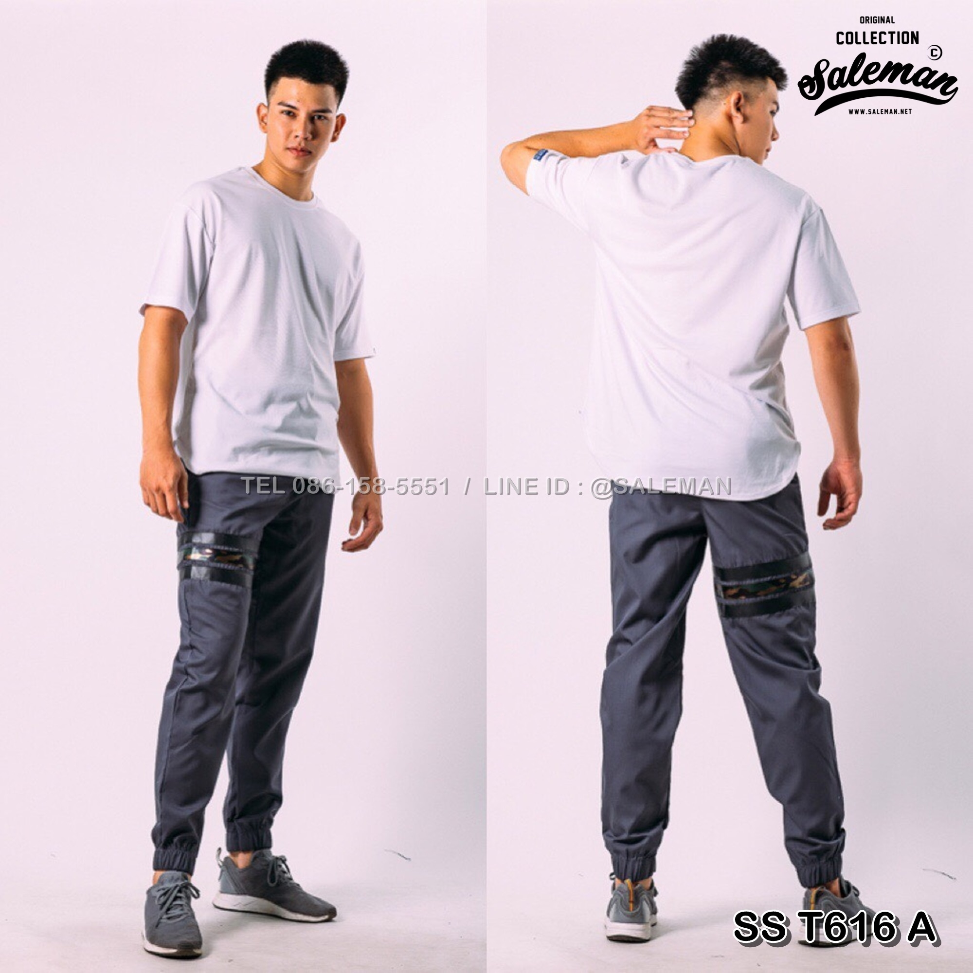 กางเกง JOGGER พรีเมี่ยม ผ้า COTTON รหัส SST 616 A เทาควันแถบทหาร