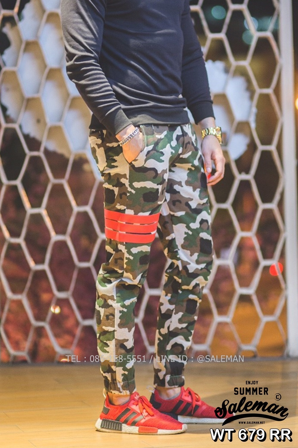 กางเกง Jogger ขาจั๊ม พรีเมี่ยม ผ้า วอร์ม รหัส WT 679 RR สีทหาร แถบ แดง