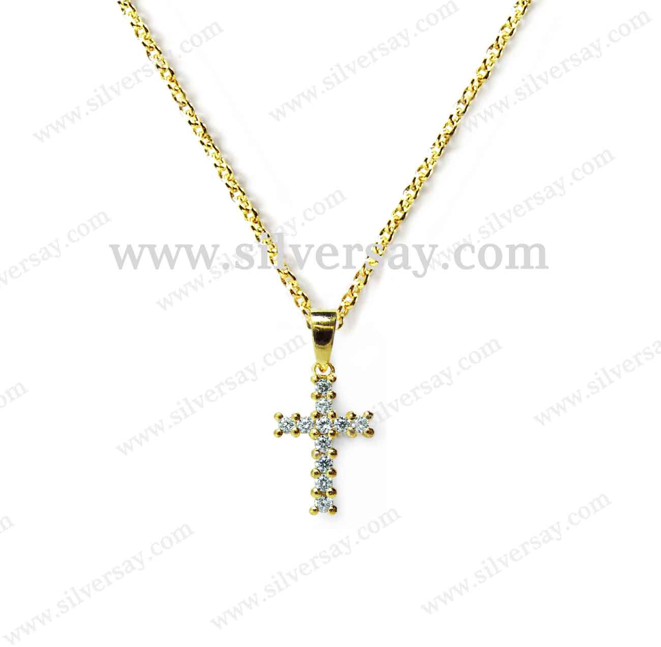 จี้ไม้กางเขนฝังเพชรสวิสแถว/หนามเตยร่วม/สีทองคำ22k