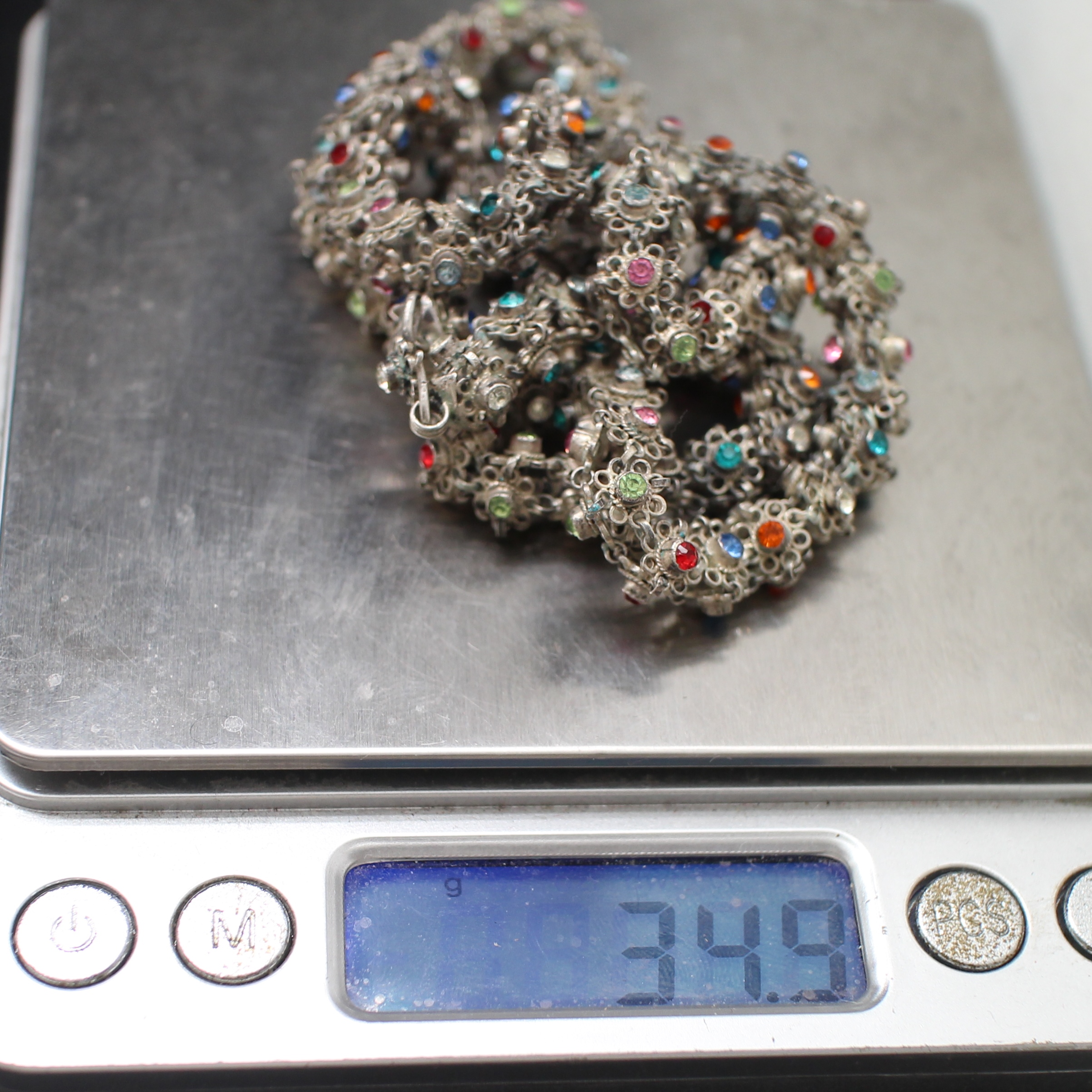 SI386 สร้อยคอเงินดอกพิกุงฝังพลอยหลากสี เงินแท้ นน. 34.9 กรัม ยาว 22 นิ้ว