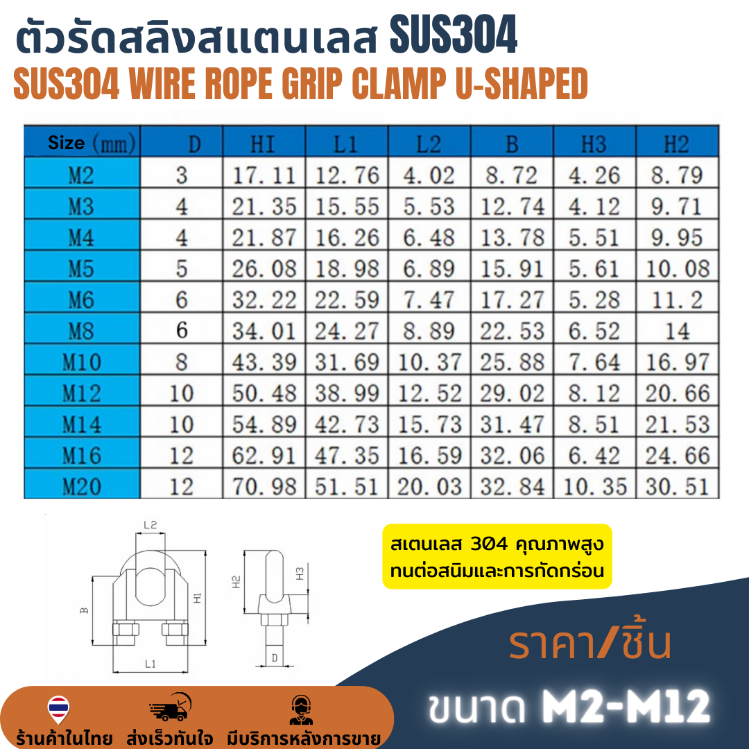 ตัวรัดสลิงสแตนเลส SUS304 กิ๊บจับลวดสลิง กริ๊บ คลิปล็อคสลิง กิ๊บหนีบสลิง ราคา/ชิ้น 2mm 3mm 4mm 5mm 6mm 8mm 10mm 12mm