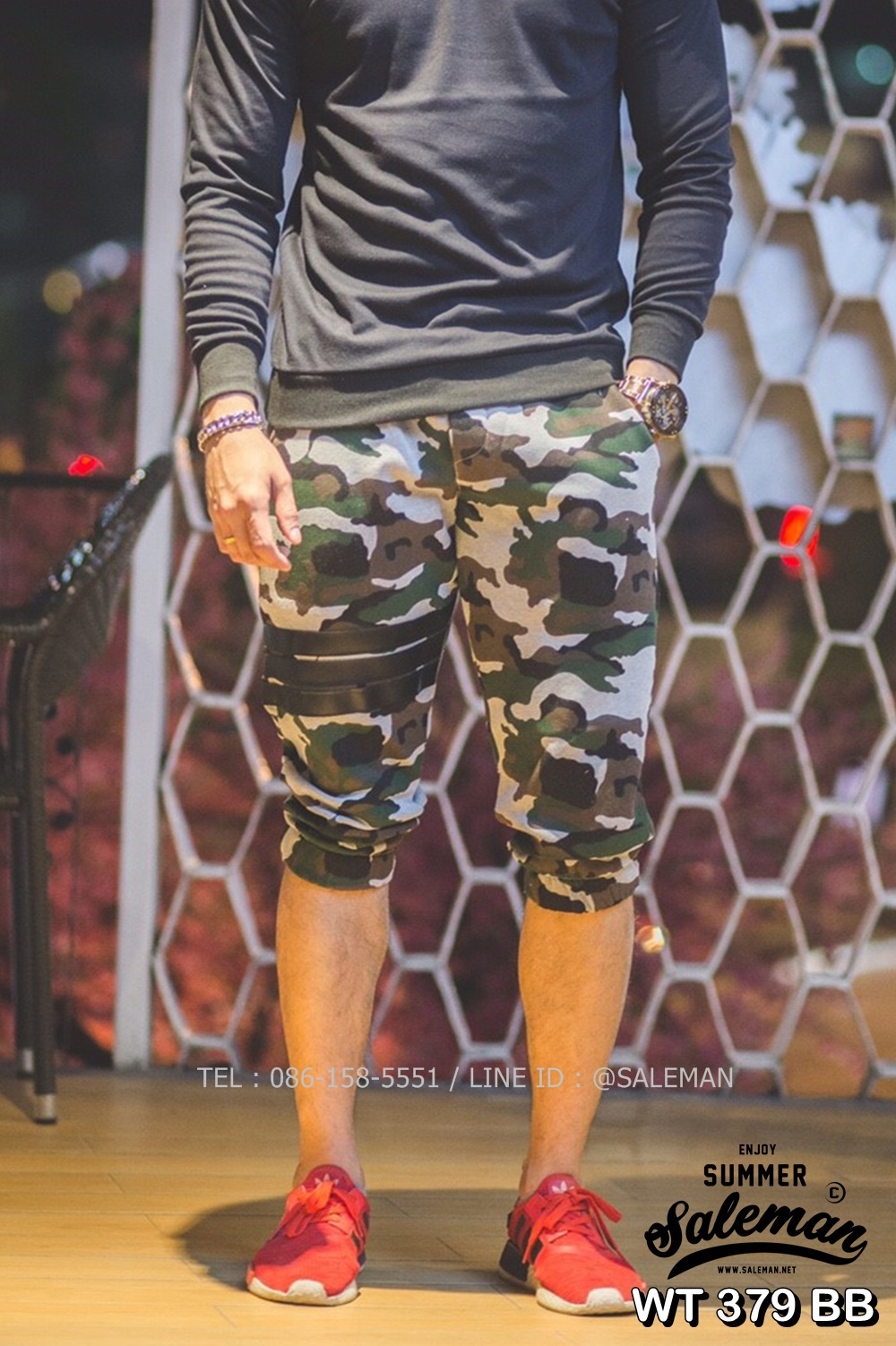 กางเกง Jogger ขาจั๊มสามส่วน พรีเมี่ยม ผ้า วอร์ม รหัส WT 379 BB สีทหาร แถบ ดำ