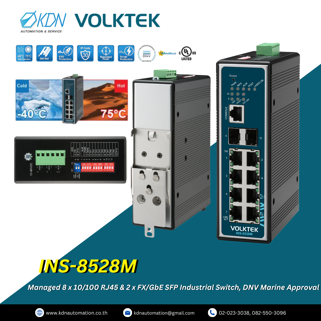 INS-8528M Volktek Managed 8 x 10/100 RJ45 & 2 x FX/GbE SFP Industrial Switch, DNV Marine Approval