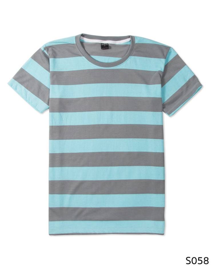 เสื้อยืดคอกลมลายทาง S058 (สีเทาฟ้าอ่อนพาสเทล)