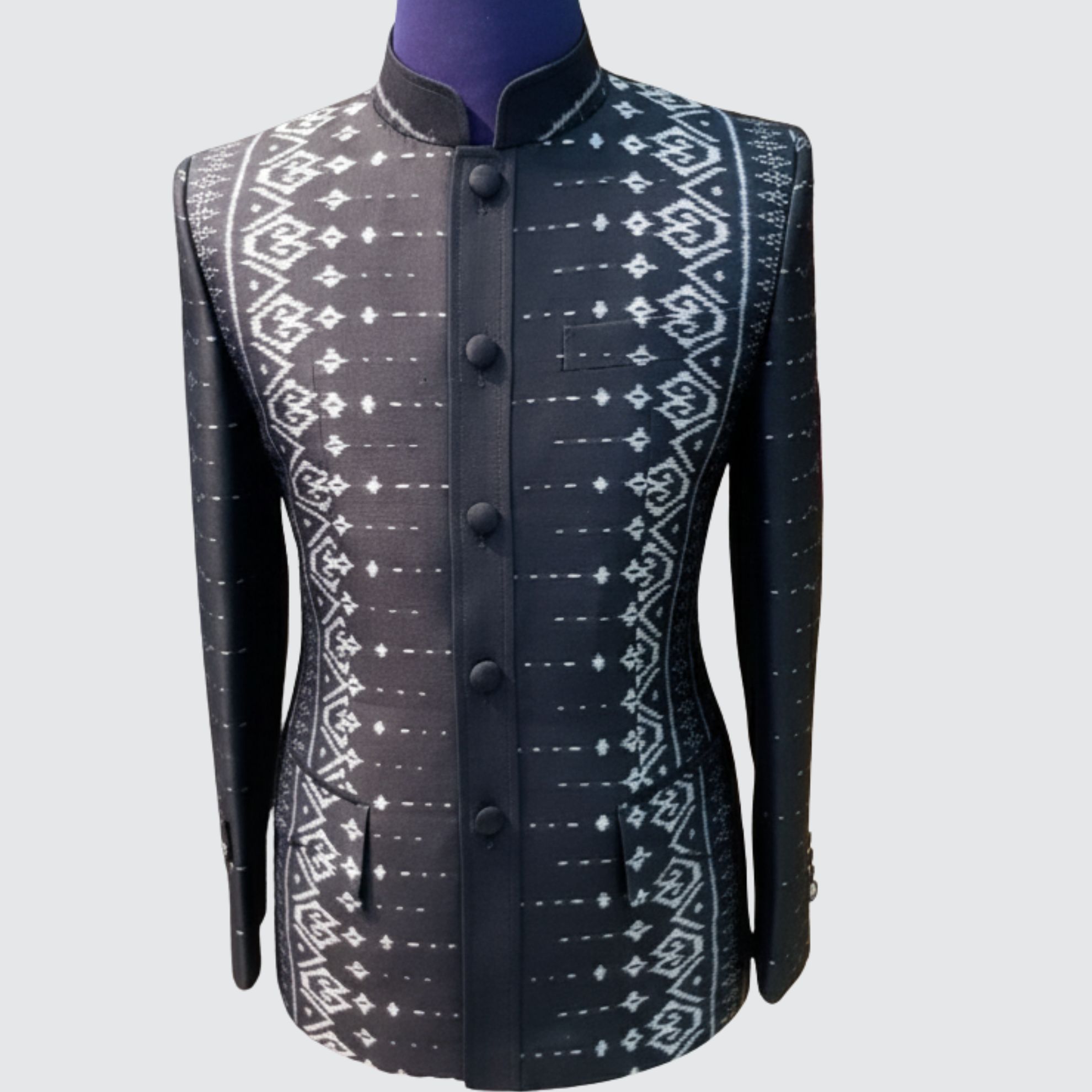 เสื้อสูทพระราชทาน แขนยาว ไหมมัดหมี่ 2ตะกอ | ตัดเย็บตามรูปร่าง | เลือกสีผ้า ส่งไซส์ได้