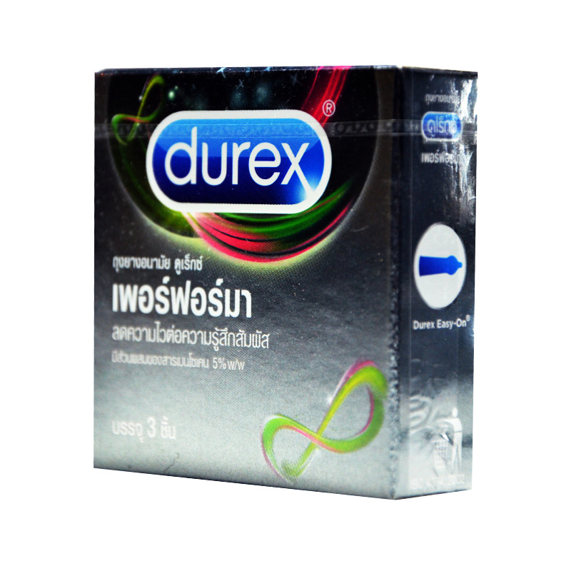Durex Performa ผิวเรียบ ไม่มีกลิ่น มีสารหล่อลื่น มีสารชะลอการหลั่ง ขนาด 52.5 มม