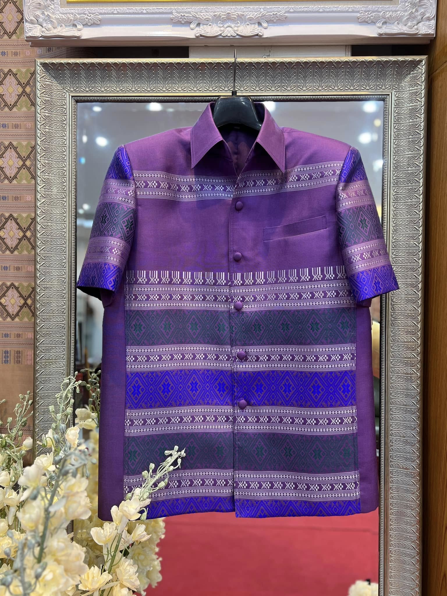 เสื้อสูทไหมแพรวา แขนสั้น สีม่วง เลือกไซส์ รหัส DR-BM-0901688