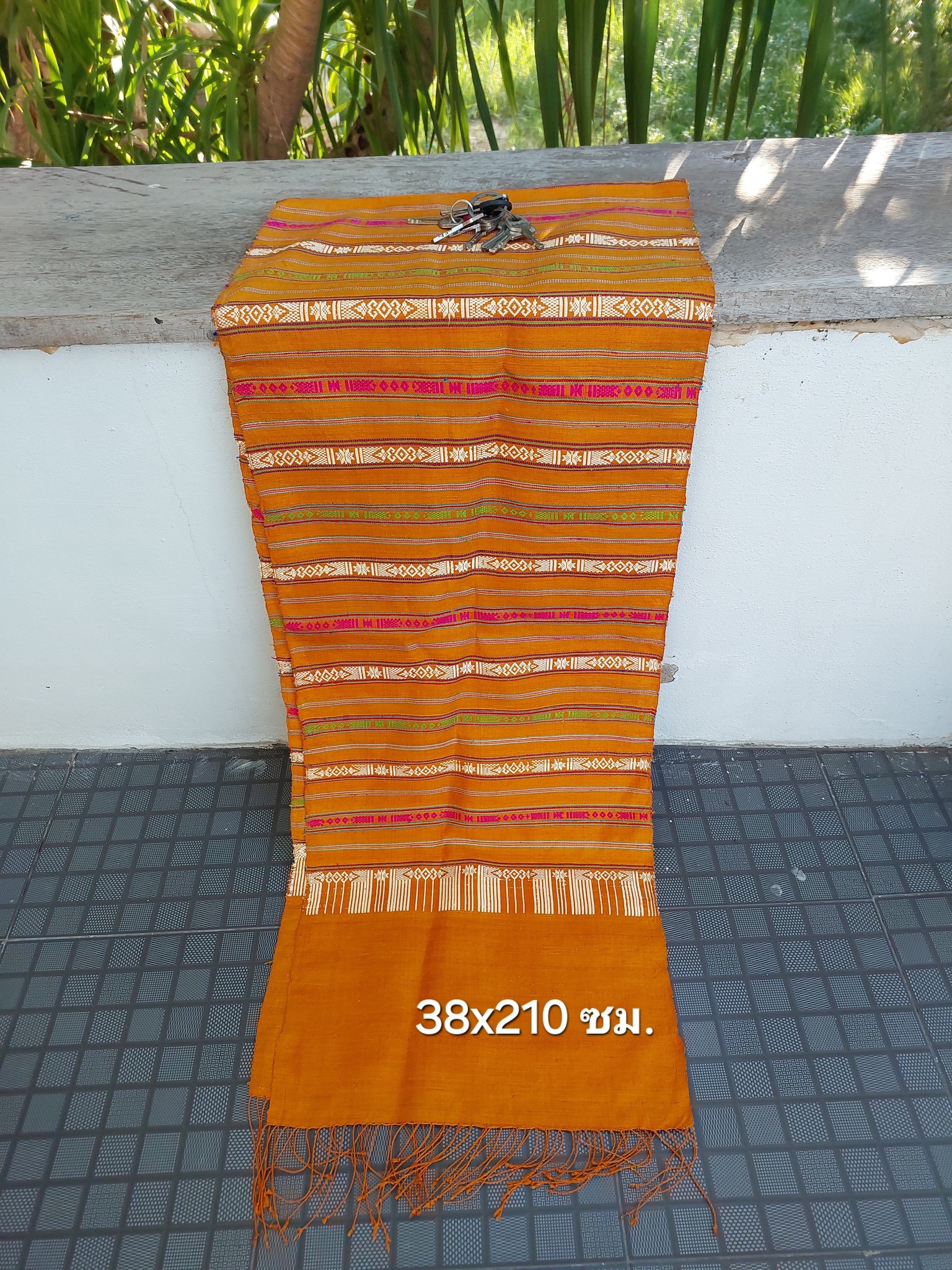 สไบไหมขิตโบราณ สีเคมี ขนาด 38x210ซม. พื้นสีส้ม LW4A-103-0520686