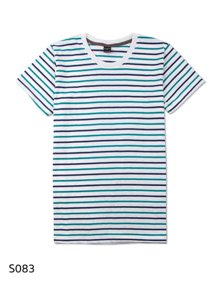 เสื้อยืดคอกลมลายทาง S083 (สีสามสี ขาวเขียวกรม ริ้วเล็ก)