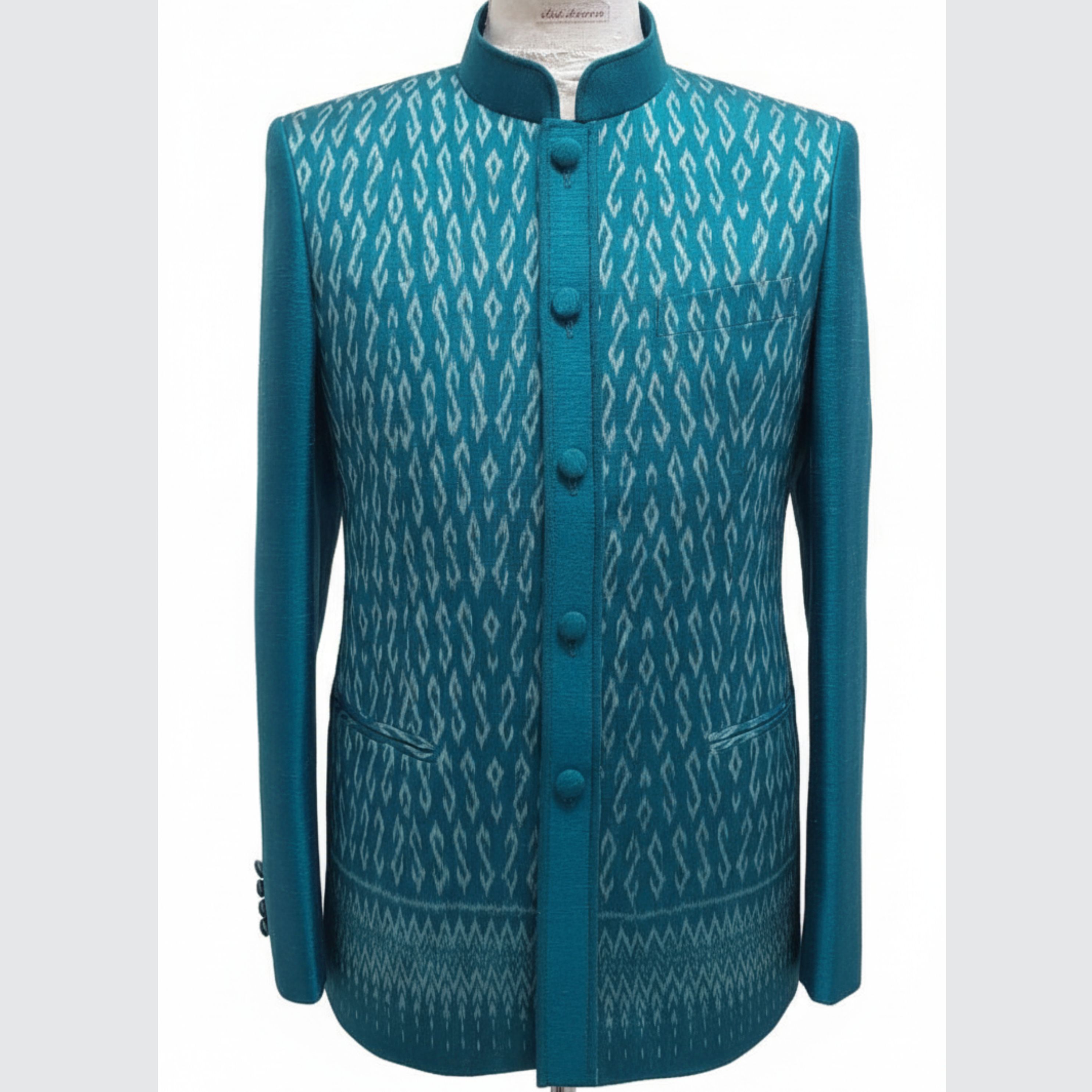 เสื้อสูทพระราชทาน แขนยาว ผ้าไหมมัดหมี่แต่งลายผ้าพื้น | ตัดเย็บตามรูปร่าง | เลือกสีผ้า ส่งไซส์ได้