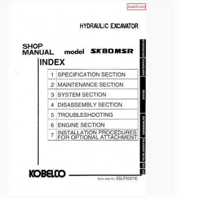 หนังสือ คู่มือซ่อม Kobelco Hydraulic Excavator SK80SR (ข้อมูลทั่วไป ค่าสเปคต่างๆ วงจรไฟฟ้า วงจรไฮดรอลิกส์)