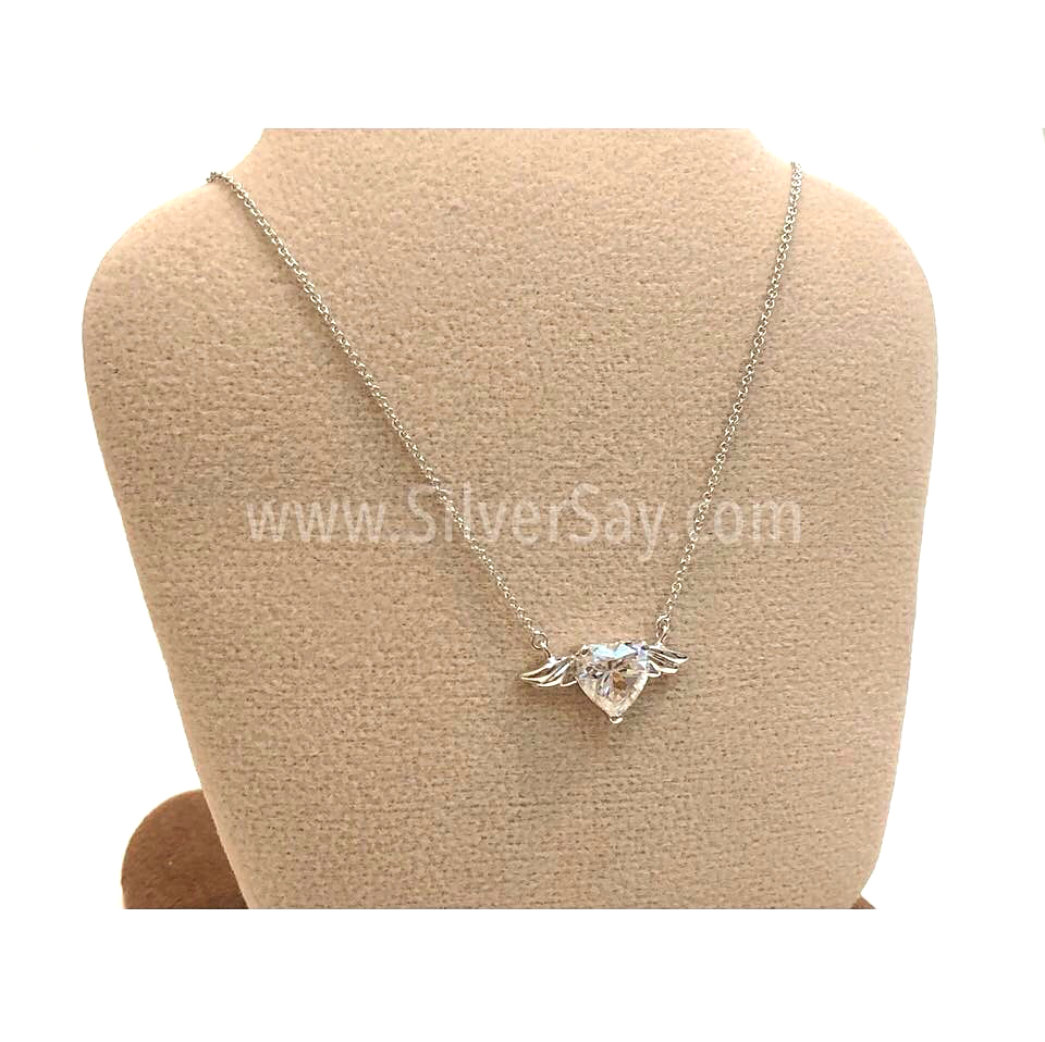สร้อยคอพร้อมจี้หัวใจมีปีก/ฝังเพชรสวิส 7x7 มม.